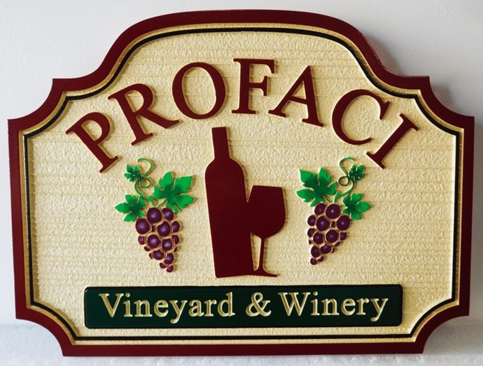 R17021 - Carved  and Sandblasted Entrance Sign for the  "Profaci Vineyartd and Winery "  with  Raised Stylized Wine Bottle , Glass and Grape Clusters as Artwork,  2.5-D Artist-Painted