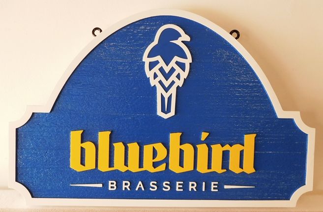 RB27156 - Carved and Sandblasted HDU  "Bluebird Brasserie" Sign, 2.5-D Artist-Painted