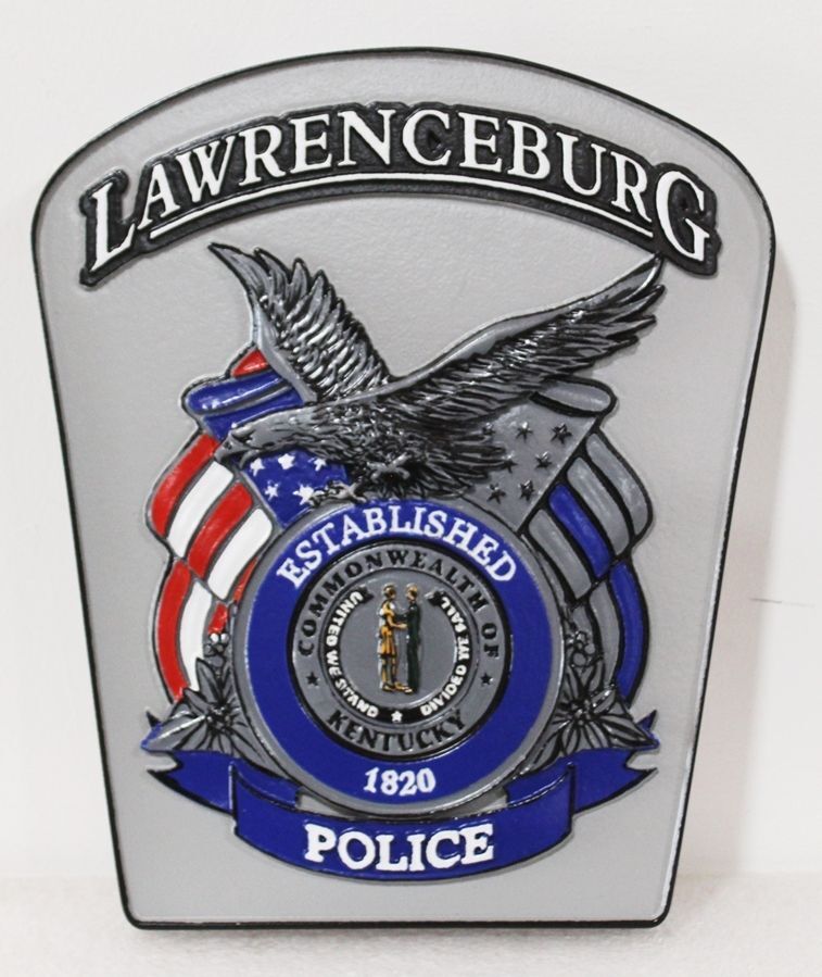 PP-2463A - Carved 2.5-D Multi-Level Plaque of the Shoulder Patch of Shoulder Patch of the Lawrenceburg Police, Kentucky