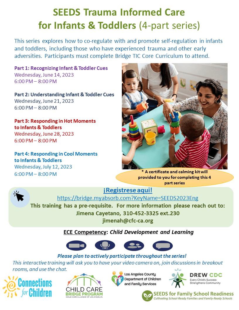 This series explores how to co-regulate with and promote self-regulation in infants and toddlers, including those who have experienced trauma and other early adversities. Participants must complete Bridge TIC Core Curriculum to attend. 