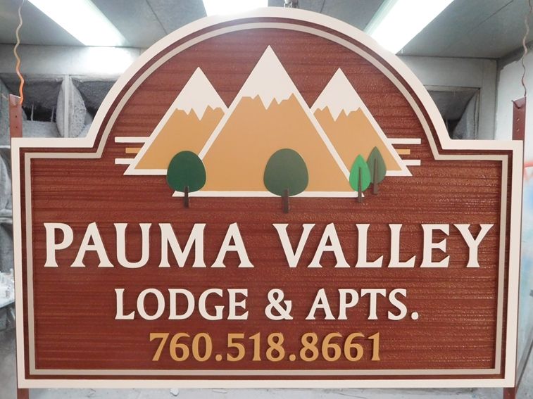 K20116 - Carved Pauma Valley Lodge & Apartments"  Sign, 2.5D  and Sandblasted in Wood Grain, and Artist-Painted