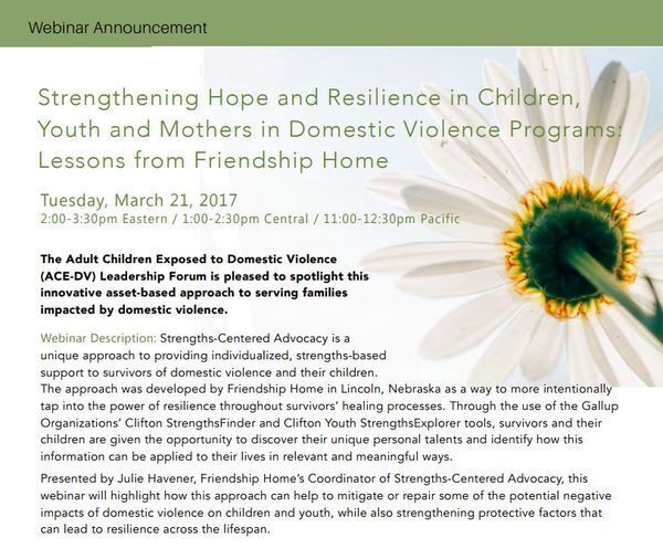 Strengthening Hope and Resilience in Children, Youth, and Mothers in Domestic Violence Programs: Lessons from Friendship Home webinar