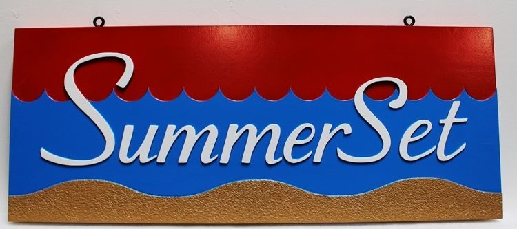 L21953 - Beautiful Carved 2.5-D  Multi-level Raised Relief Coastal Residence Sign, "SummerSet” , with a Stylized Beach, Ocean and Sunset as Artwork