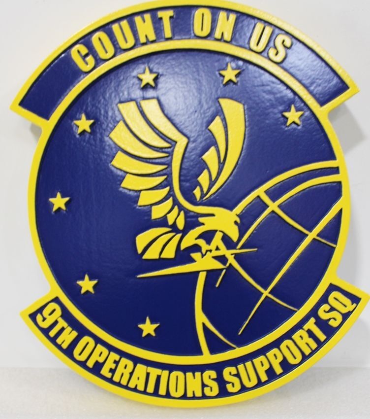 LP-4225 - Carved 2.5-D Raised Relief HDU Plaque of the Crest of the 9th Operations Support Squadron,  "Count on Us"