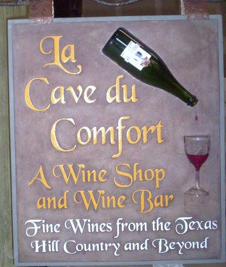 R27080 - Hanging Wine Shop and Bar Sign, with Wine Bottle and Glass, for La Cave du Comfort