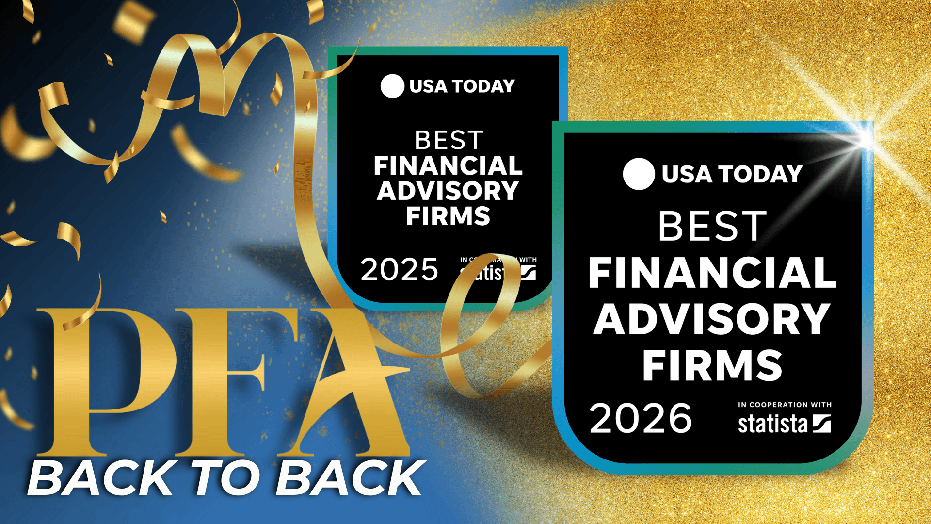 Graphic features two award emblems from 2025 and 2026 with the USA Today recognition of "Best Financial Advisory Firms"