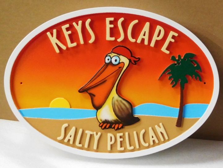 L21626 - Carved Seashore Home Name Sign , "Keys Escape, Salty Pelican", with  Ocean,  Setting Sun,  Palm Trees , and  Comical Pelican.