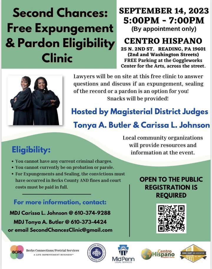 Expungement clinic flyer. Event held on September 14 at Centro Hispano in Reading. Registration required. E-mail SecondChances@gmail.com