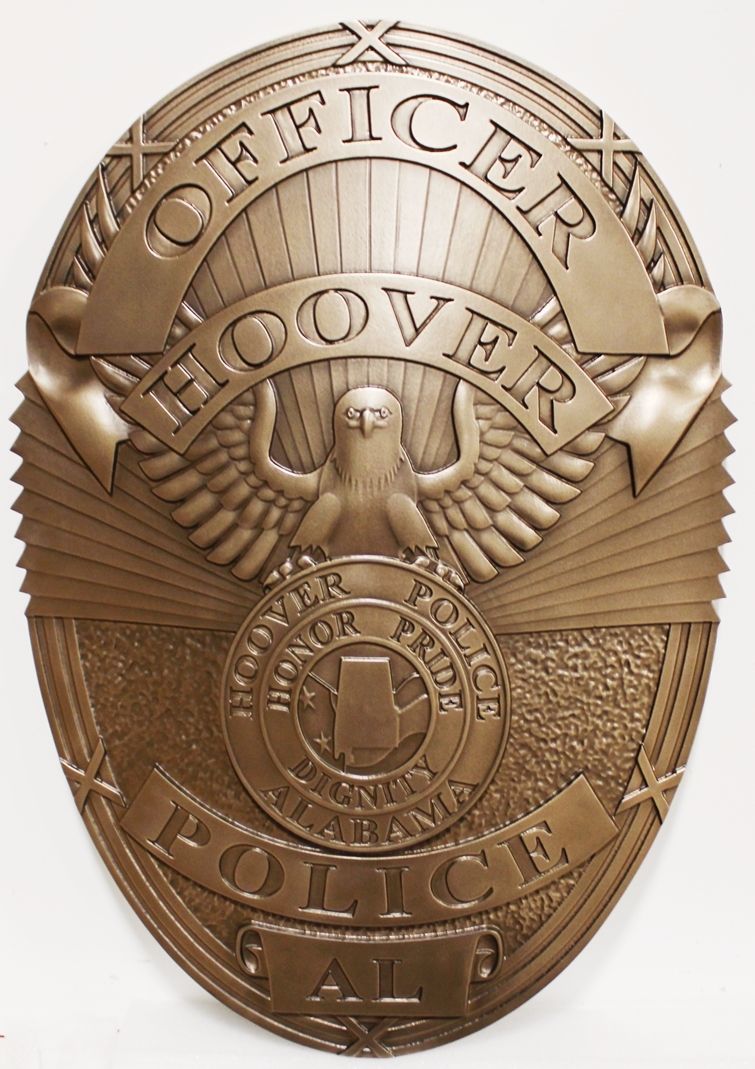 PP-1282 - Carved 3-D Bronze-Plated Plaque of the Badge of a Police Officer, Hoover, Alabama   