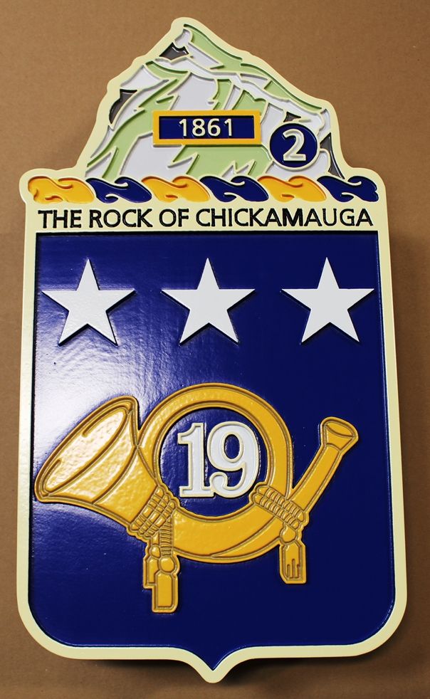 MP-2083 - Carved HDU Wall Plaque of the Coat-of-Arms of the 19th Infantry Regiment (Assigned to TRADOC),  "The Rock of Chickamauga"