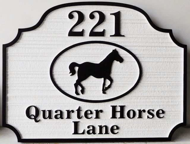 P25346 - Carved Sign for Quarter Horse Lane with Street Number and Artist's Raised Silhouette of Quarter Horse