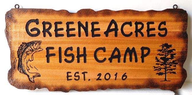 M22597 - Engraved Green Acres Fish Camp Sign, with Scorched Edges for Aged Rustic Look