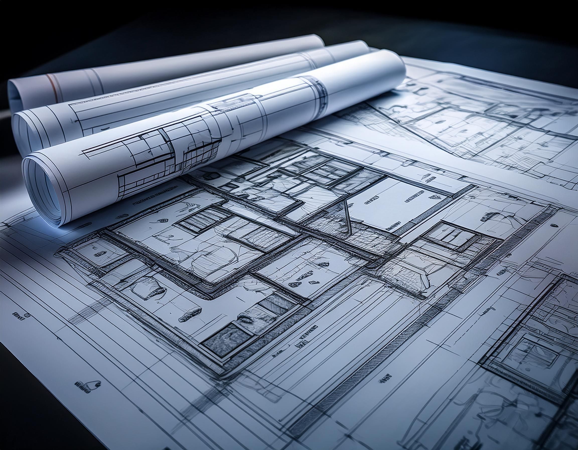 Architectural blueprints on a table.