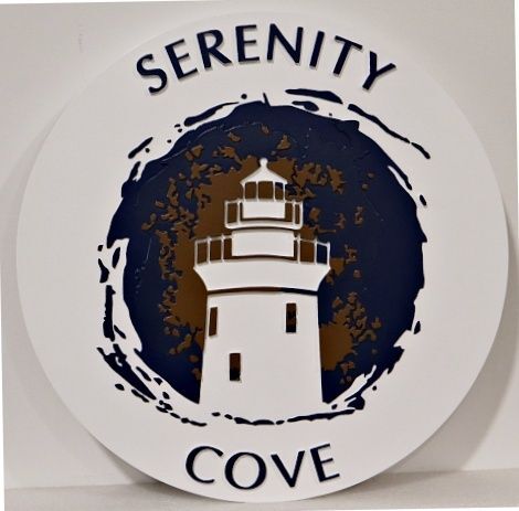 L21432A - Carved 2.5-D Multi-level Sign for "Serenity Cove" featuring a Lighthouse