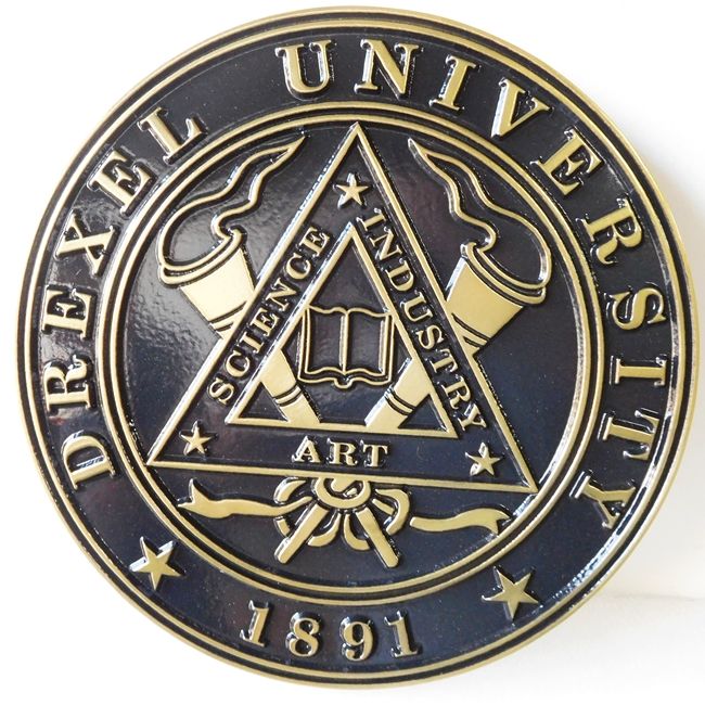 Y34308 - Carved Brass-Coated Round Wall Plaque of the Great Seal of Drexel University