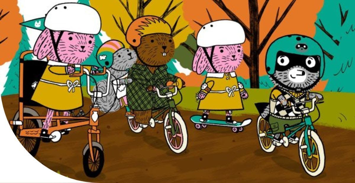 cartoon animals riding on bikes and skateboards