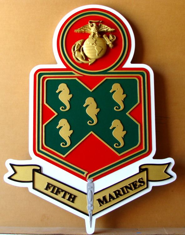 V31418  – Carved 3D Wall Plaque of the  Crest of the Fifth Marine Regiment, the “Fighting Fifth” 