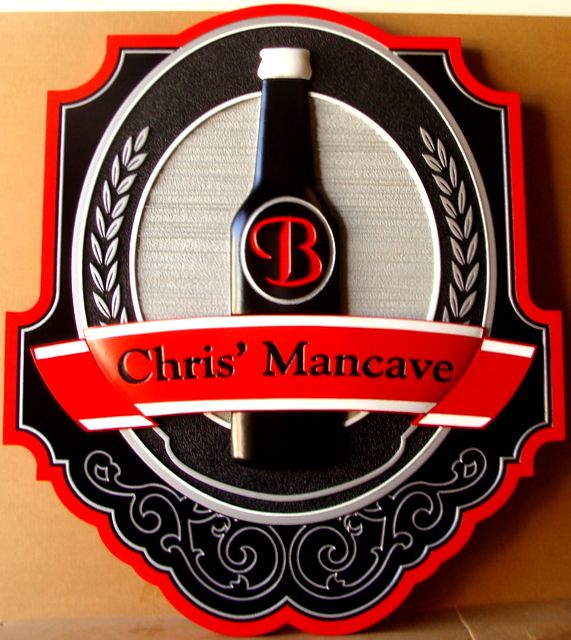 RB27162 - Carved and Sandblasted Wood Grain 3-D Sign for a Home Bar,  "Chris' Man Cave" 