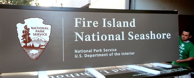 G16015 - Large Cedar Wood and Steel Sign for the National Park Service Fire Island National Seashore with NPS Emblem, the "Arrow"