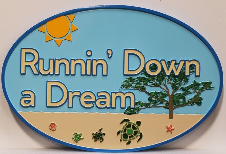 L21080A - Carved 2.5-D Multi-level Relief HDU  Beach House Name Sign "Runnin' Down a Dream”, with a Beach Scene with Sea Turtles as Artwork