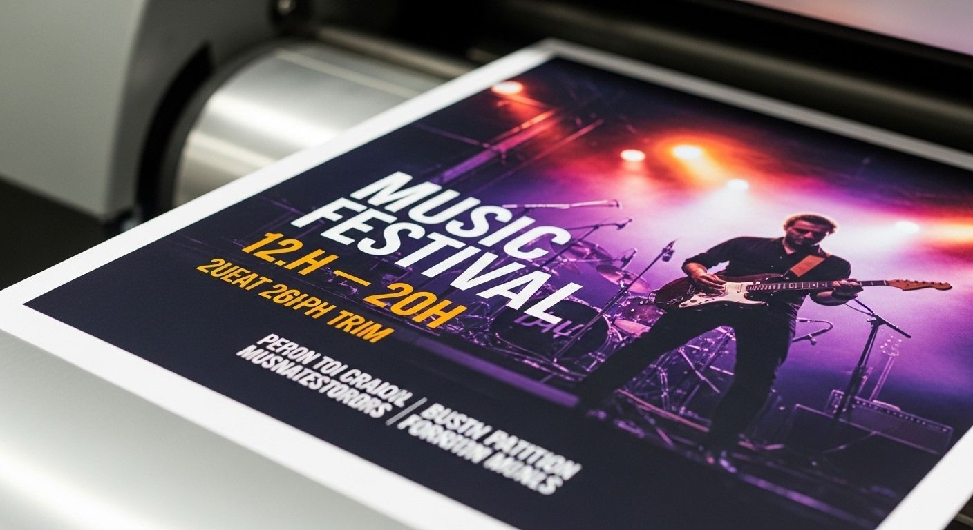 Close-up of event poster printing in Bellevue & Seattle highlighting crisp text, vivid imagery, and smooth paper finish.