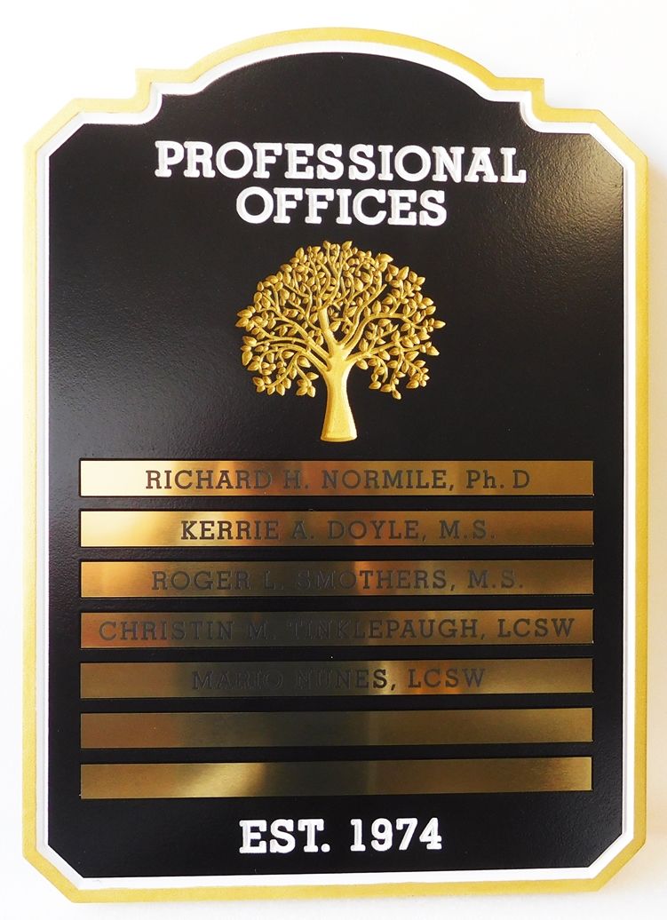 B11380- Carved and Engraved  Professional Offices Directory Sign, with Changeable Brass Tenant Plates
