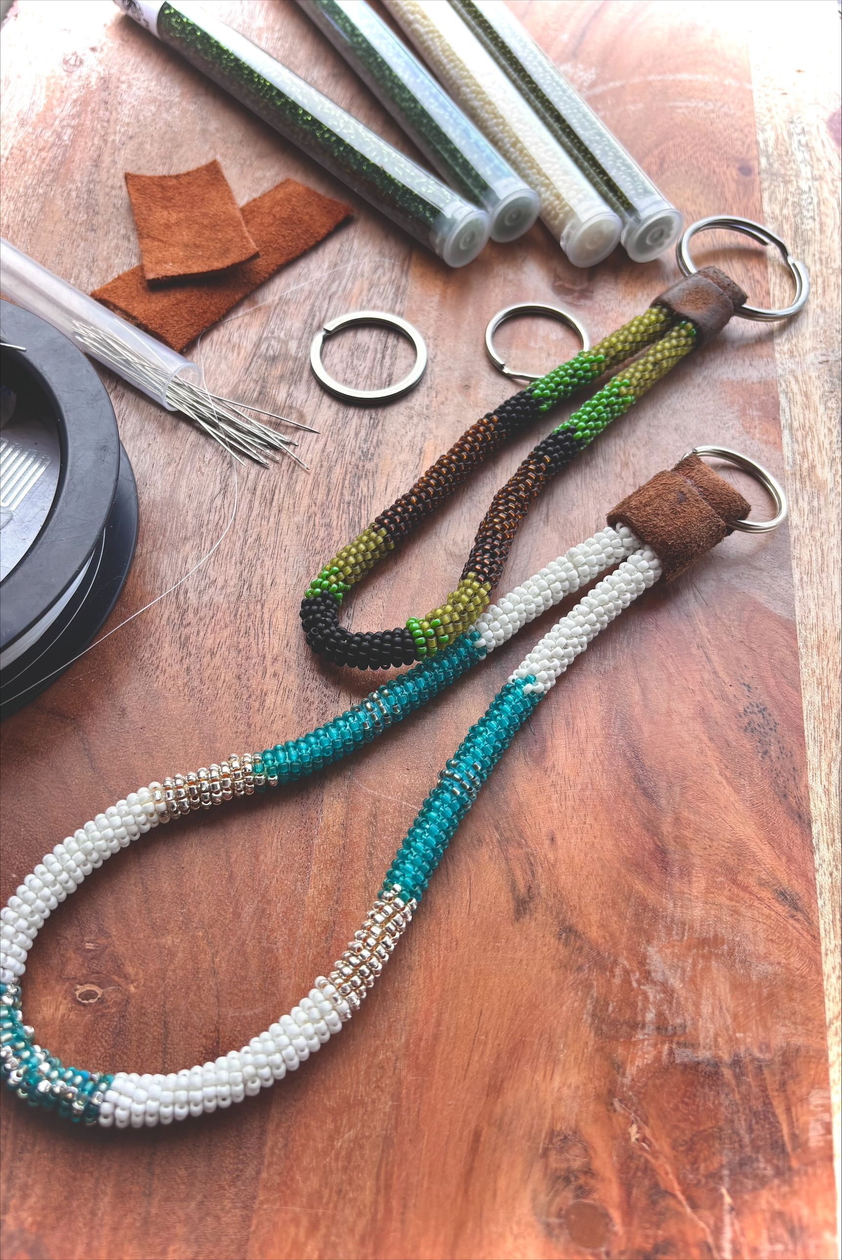 Two beaded lanyards on a table