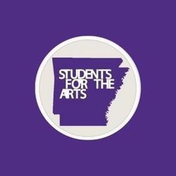 Students for the Arts Logo: UCA Chapter. A purple silhouette of the state of Arkansas sits in a gray circle on a purple back ground.