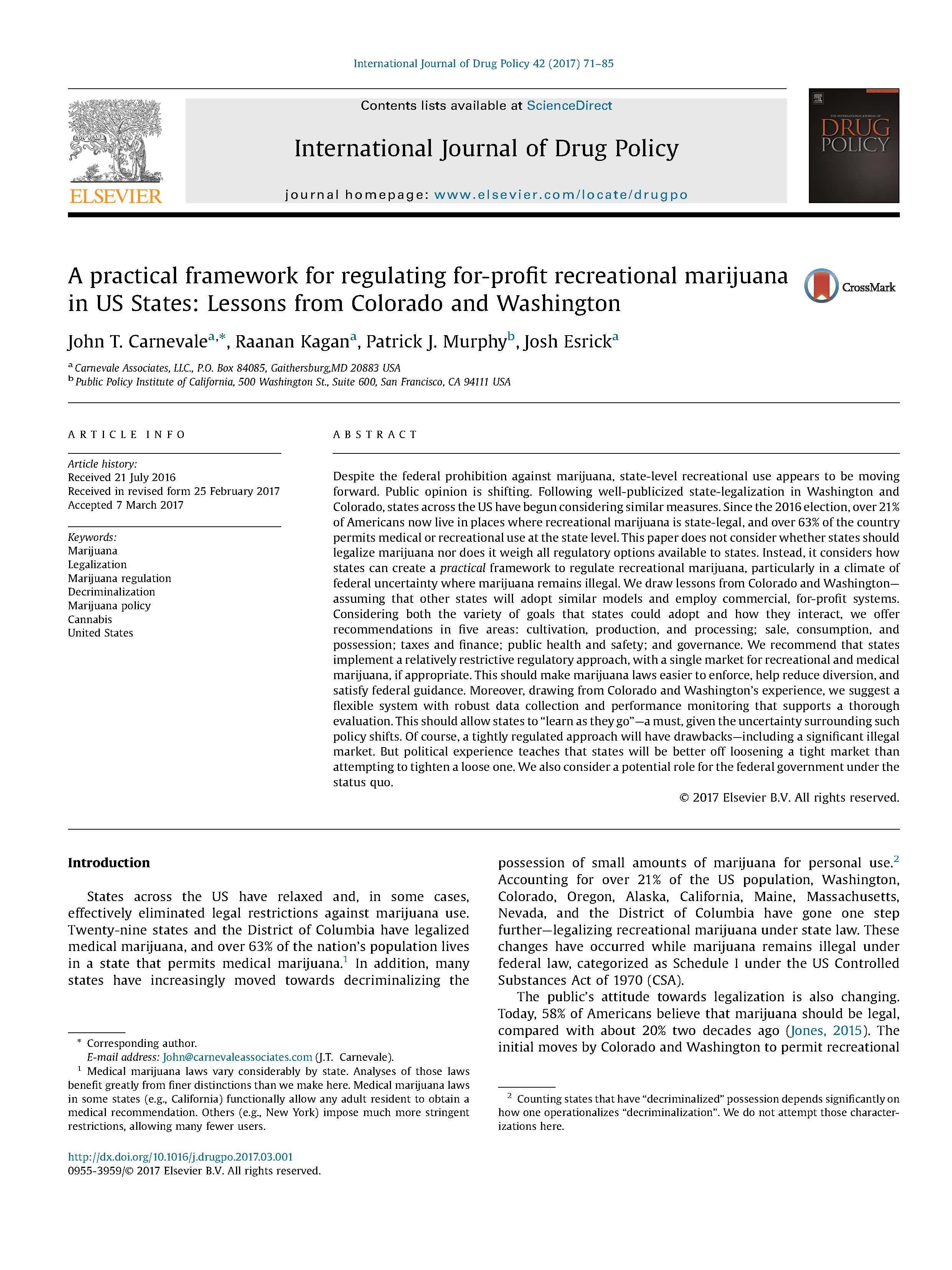 A Practical Framework for Regulating For-Profit Recreational Marijuana in US States: Lessons from Colorado and Washington
