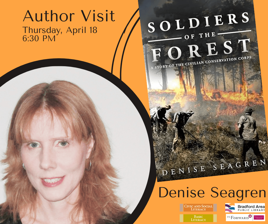 Picture of local author Denise Seagren and her book, Soldiers of the Forest