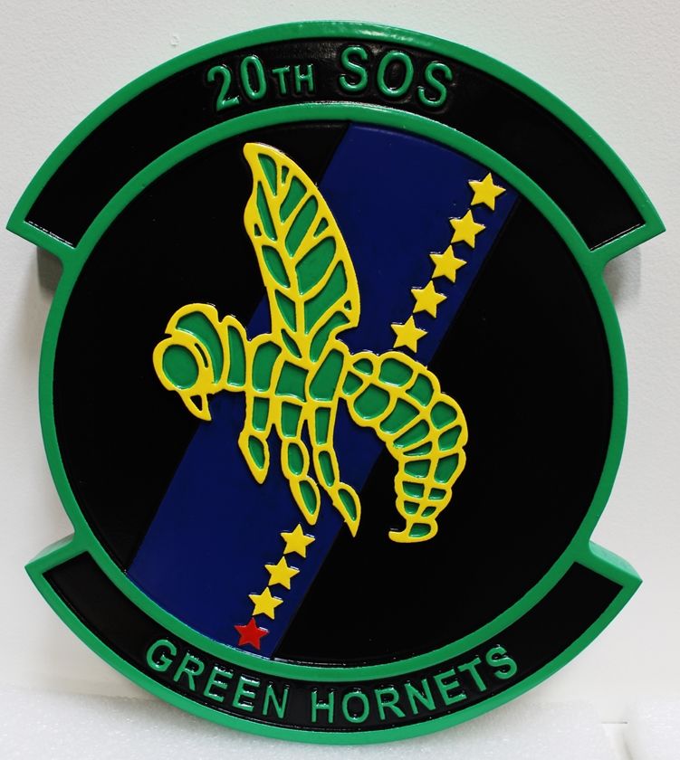 LP-2860 - Carved Plaque of the Crest of the 20th SOS, "The Green Hornets", 2.5-D Artist-Painted