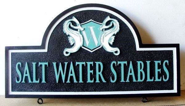 P25196 - Carved and Sandblasted Sign for Saltwater Stables, with Seahorse Logo