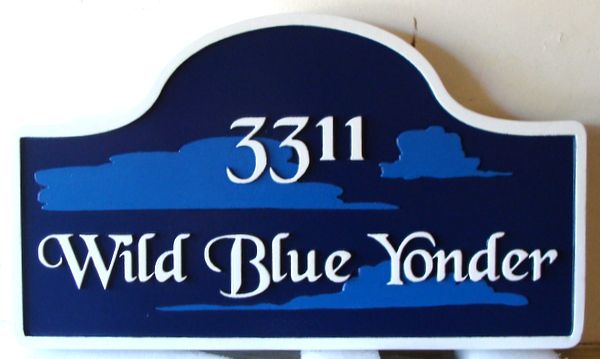 I18763 - Carved HDU property Name and Address Sign, "Wild Blue Yonder", with Clouds