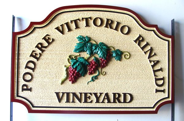 R27069 - Carved HDU Vineyard Entrance Sign, " Podere Vittorio Rinaldi Vineyard" 