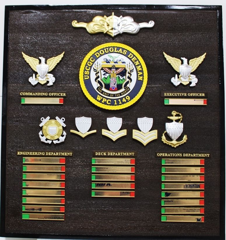 NP-2469 - Carved Redwood Ship's Command and On-Duty Status Board for USCGC Douglas Denman  WPC 1149