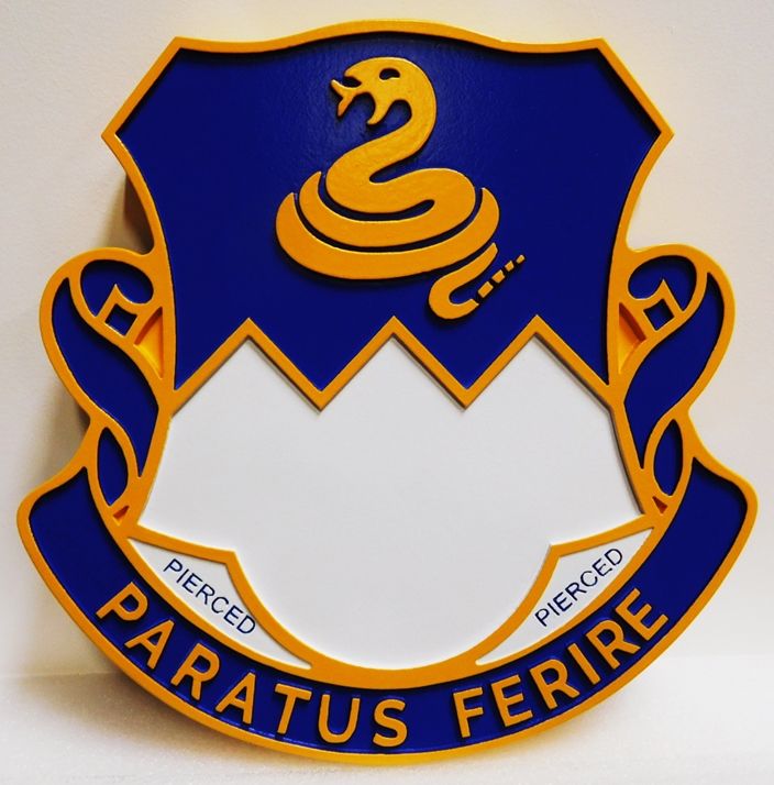 MP-2070 - Carved Plaque of Crest of 411th Army Regiment  Unit with Motto "Paratus Ferire", or "Ready to Strike", Artist Painted