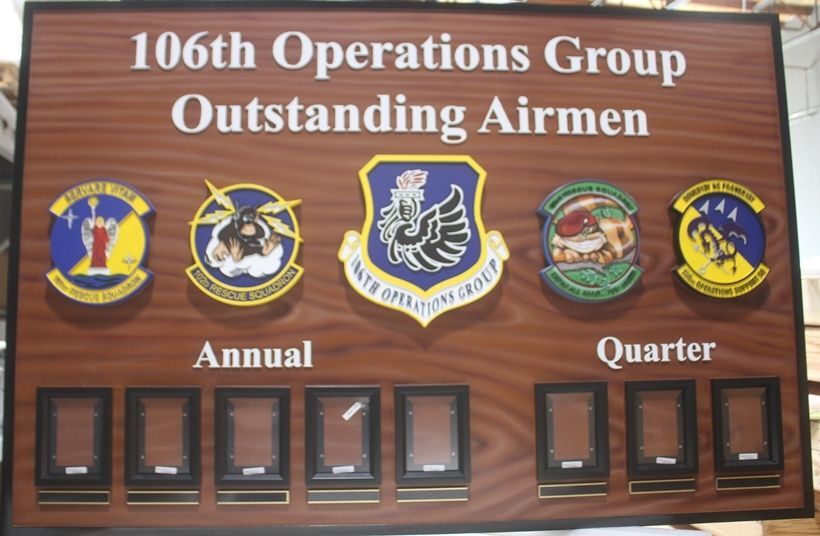 SB116A - Carved High-Density-Urethane (HDU) Photo Award Board for the 106th Operations Group , US Air Force, Painted in a Wood Grain Pattern   