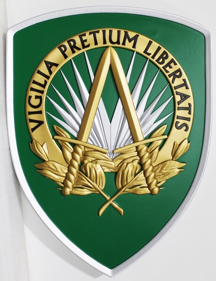 OP-1220 - Carved 3-D Bas-relief HDU Plaque of the Crest  of NATO Supreme Headquarters  Allied Command Operations (ACO), with Logo "Vigilia Pretium Libertatis" (Vigilance is the Price of Liberty)  