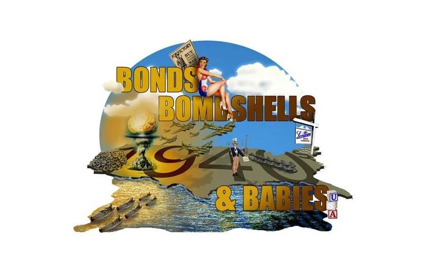 logo for the Smoky Hill Museum exhibit "Bonds, Bombshells and Babies" including drawings of Pearl Harbor, a pin-up girl and toy blocks.