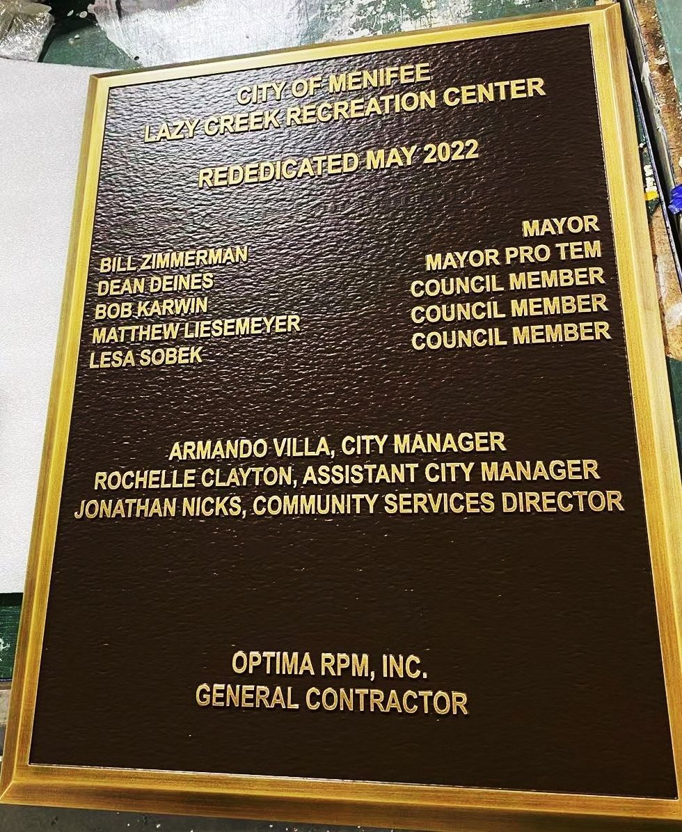 MH8075 - Precision Tooled Brass Plaque  for the City of Menifee's  Lazy Creek Recreation Center
