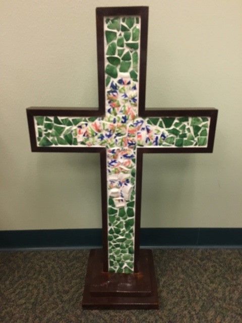 Standing cross made from Empty Bowls with base 