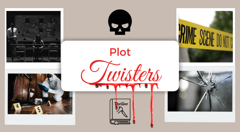 Plot Twisters Book Club logo with various crime scene photos.