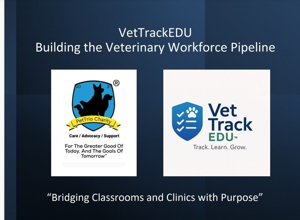 Veterinary students and clinic professionals collaborating in a hands-on training environment representing VetTrackEDU’s mission to connect classrooms, clinical experience, and workforce development in veterinary medicine.