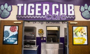 School Cafeteria main entrance showing 2 food images, color splash, food posters