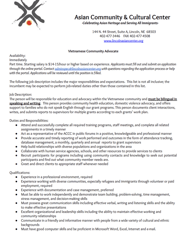 Vietnamese Community Advocate Careers Asian Community and Cultural