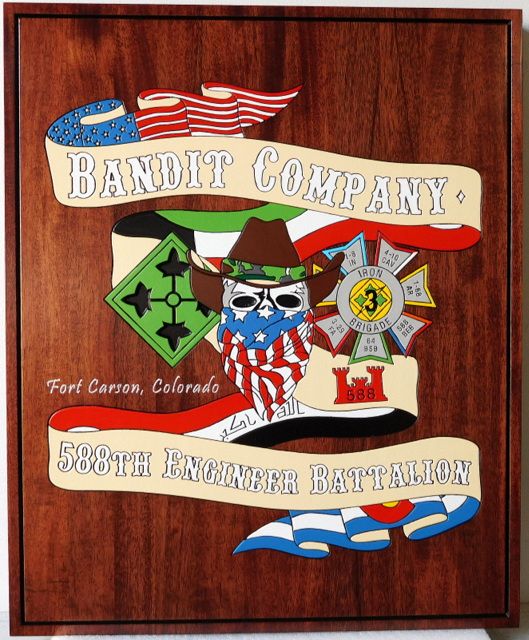 MP-2420 - Engraved  Plaque of the Insignia of the 588th Engineer Battalion, Bandit Company,  US Army,  Mahogany Wood
