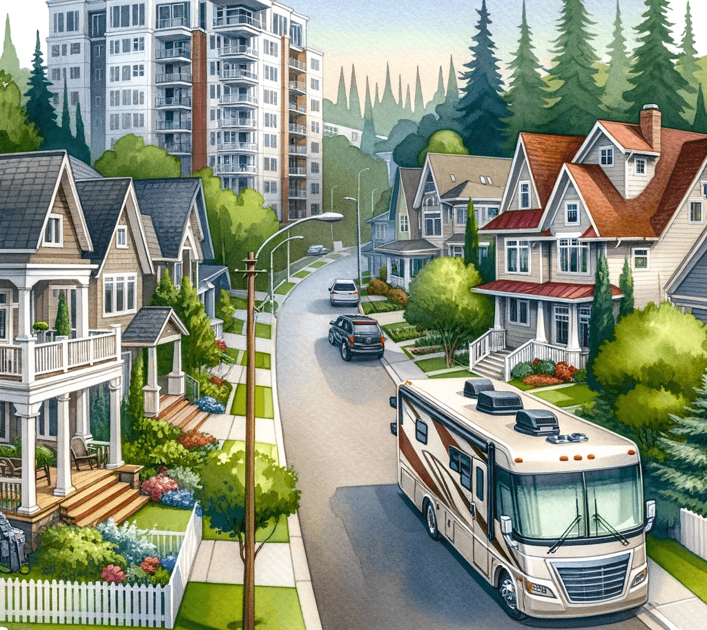 A watercolor-style illustration of a city street. The background shows an apartment complex, while a quaint neighborhood fills the foreground. An RV is shown driving by.