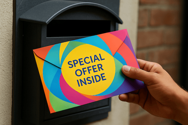 Custom-printed envelopes with vibrant designs used in a direct mail campaign for a Palm Beach County business.