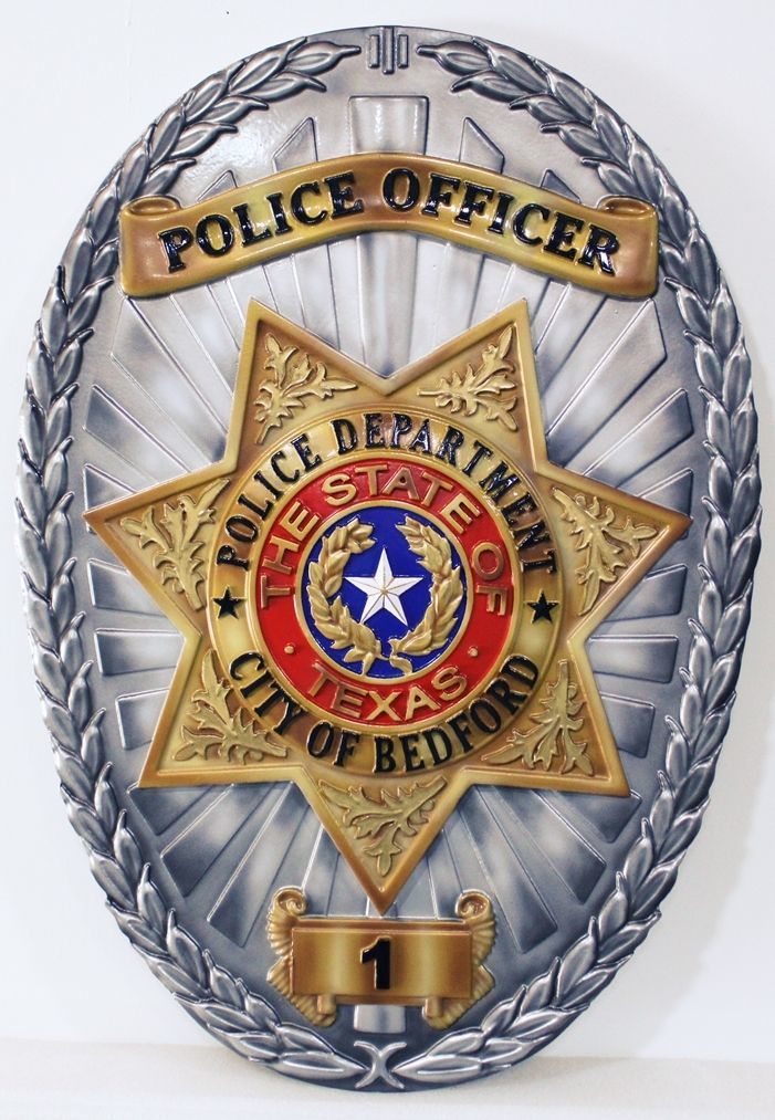 PP-1423-  Carved 3-D Bas-Relief HDU Plaque of the Badge of a Police Officer of the City of Bedford, Texas  