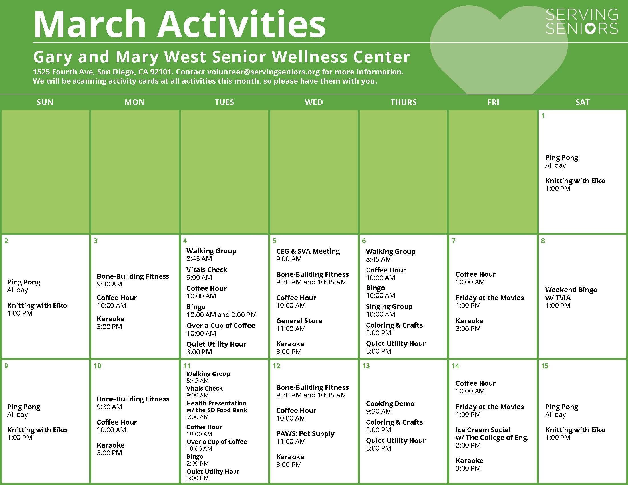 Click to download the Gary and Mary West Senior Wellness Center March Activities Calendar